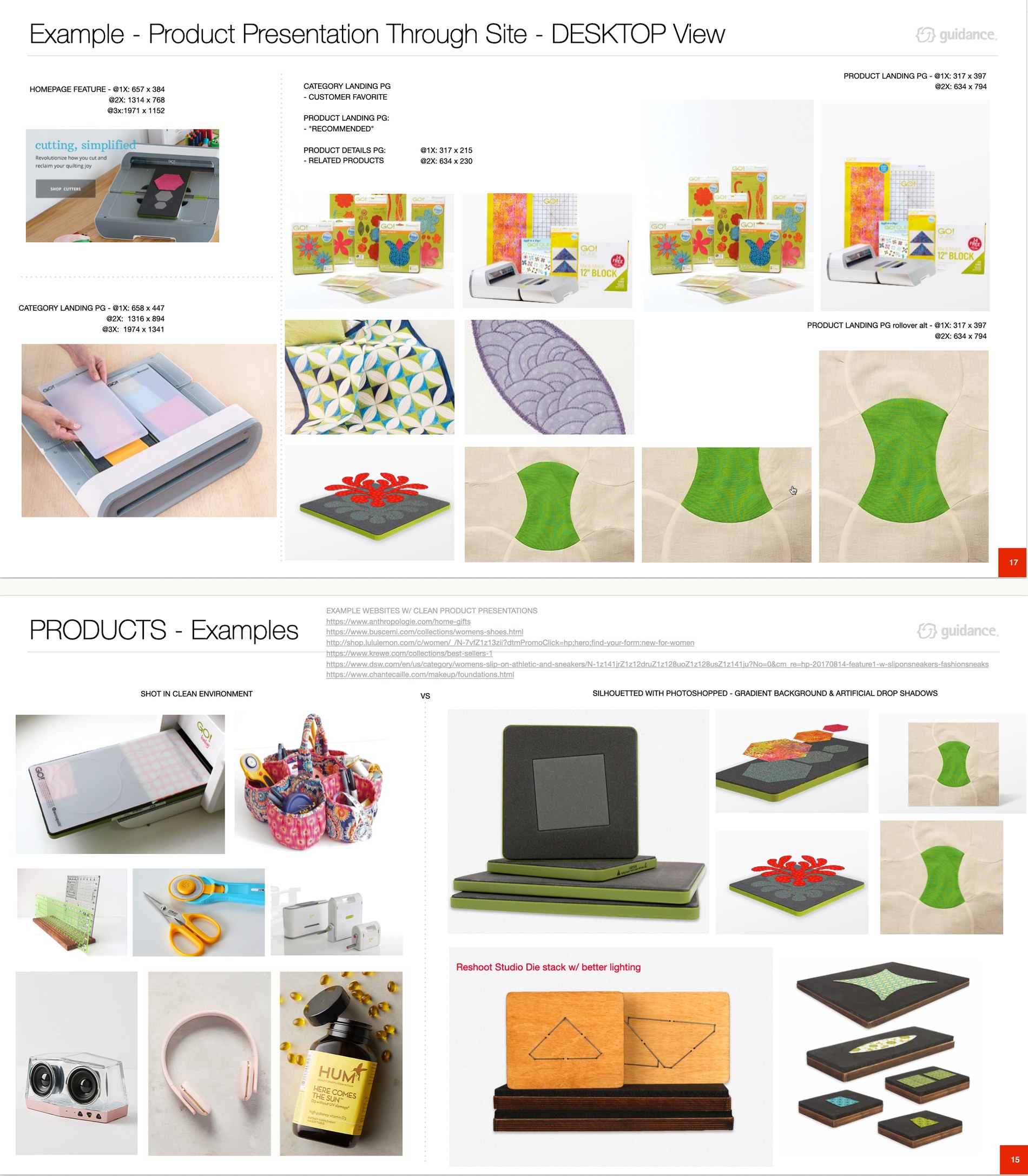 AccuQuilt photography style guide — sample pages showing approved product staging examples vs. older photography styles, plus rules for representing the cutters in digital space
