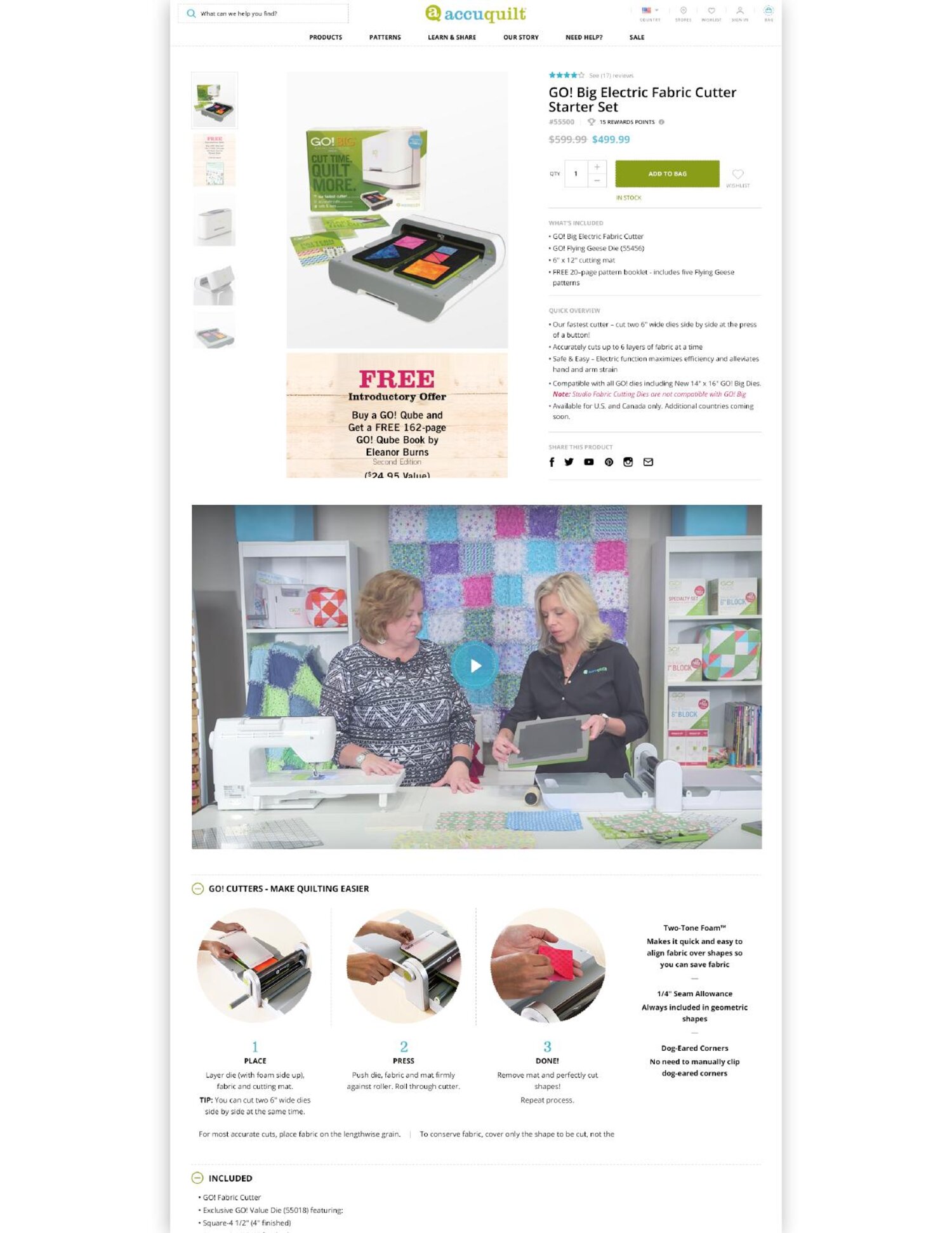 AccuQuilt product detail page — the full PDP showing the GO! Big Electric Fabric Cutter, the embedded video demonstration of the cutter in use, and the three-step 'Make Quilting Easier' module
