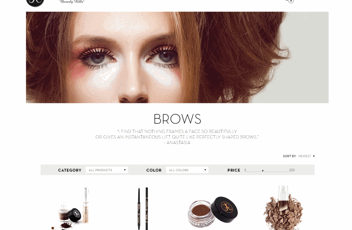 Anastasia Beverly Hills Brows category landing — animated hero of the model with a brow quote, filterable category navigation (Category / Color / Price), and the redesigned product grid