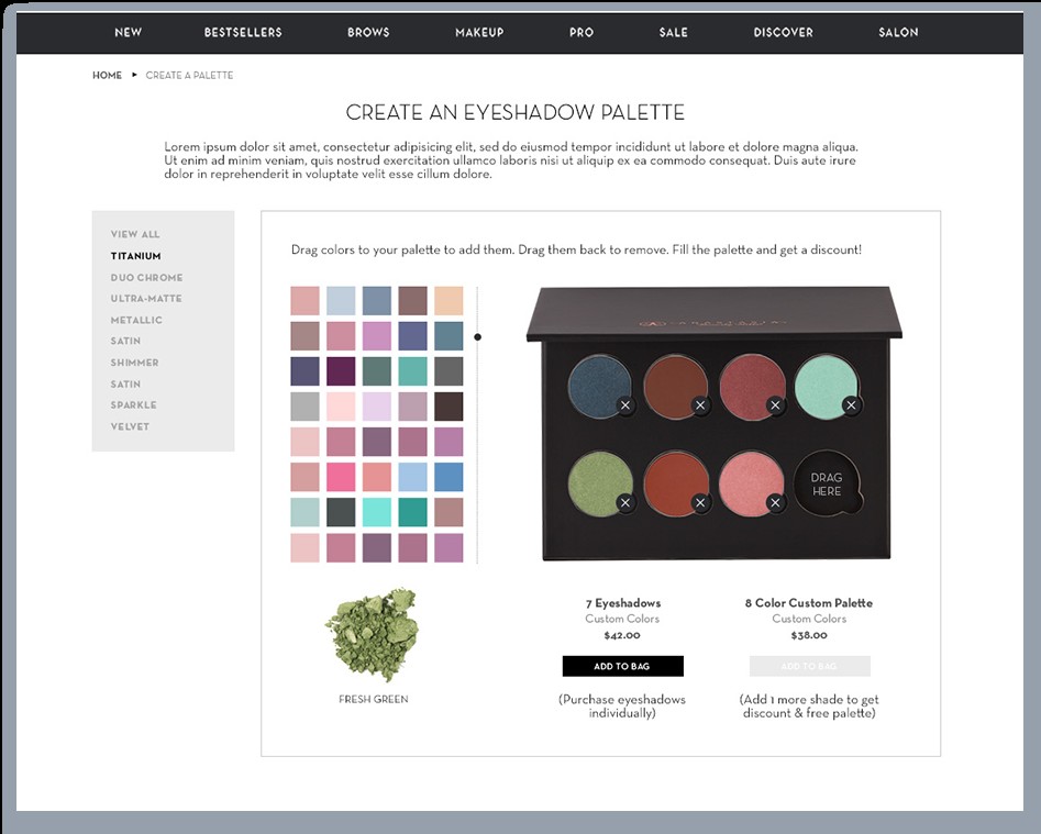 Anastasia Beverly Hills 'Create a Palette' eyeshadow builder — a drag-and-drop personalization tool that lets customers compose a custom 7- or 8-shade palette and unlock a free palette case when filled
