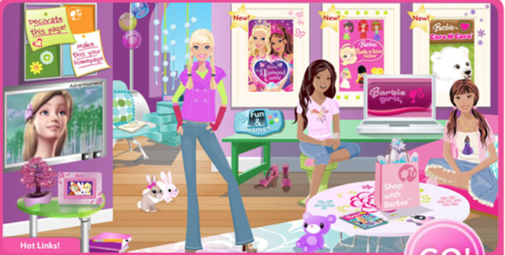 Barbie.com 2009 landing — a multi-panel layout featuring Barbie character art, content modules, and entry points into video, games, and shop