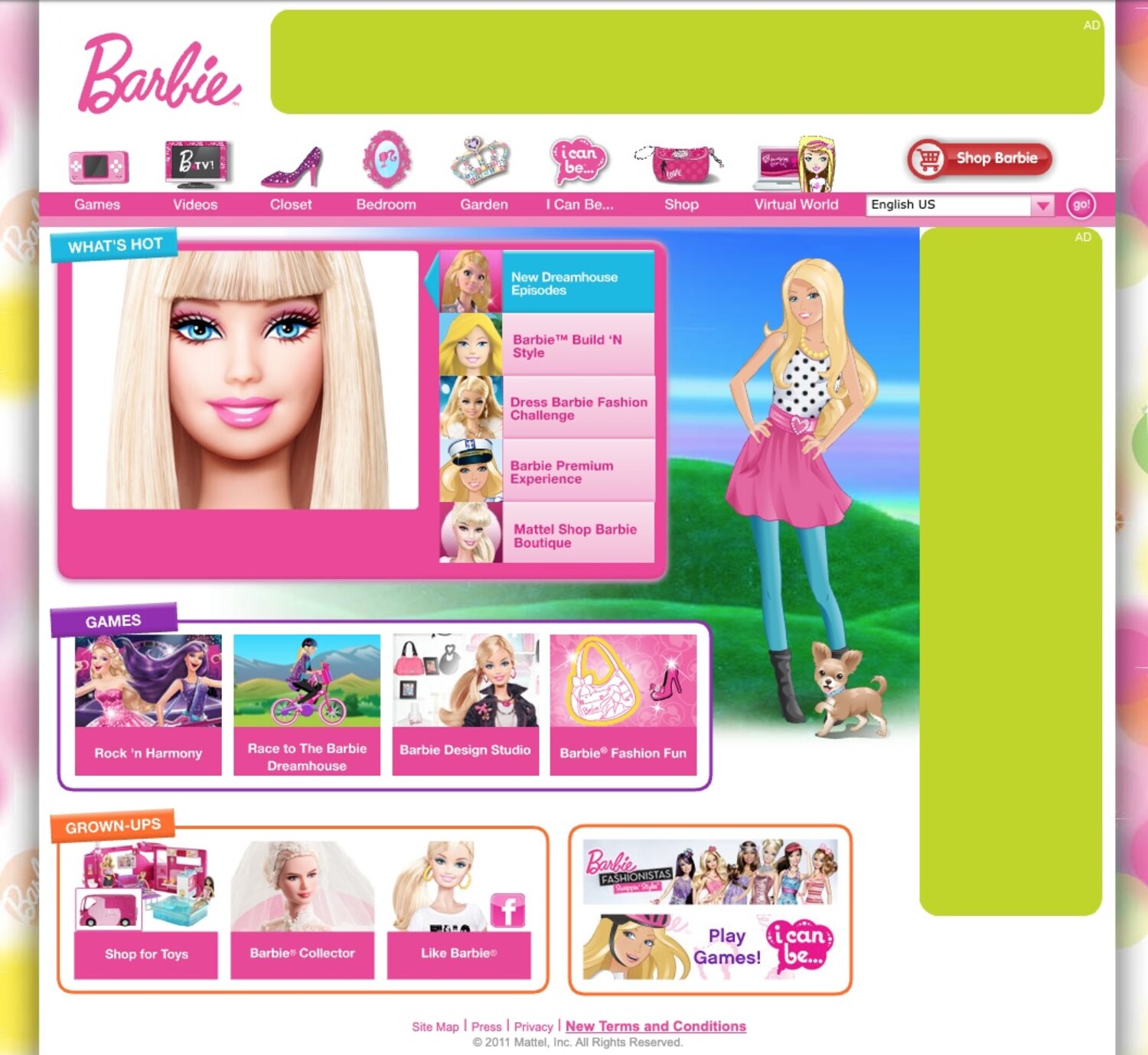 Barbie.com 2011 homepage — Barbie character standing in a stylized green landscape, with primary navigation across Games, Videos, Closet, Bedroom, Garden, I Can Be…, Shop, and Virtual World, plus What's Hot and Games modules