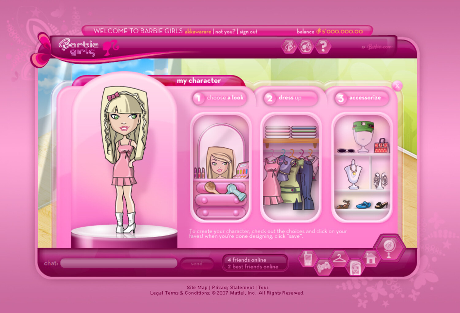 BarbieGirls.com 'My Character' creator — a three-step wizard (Choose a Look, Dress Up, Accessorize) with a customizable avatar, wardrobe, and accessory racks