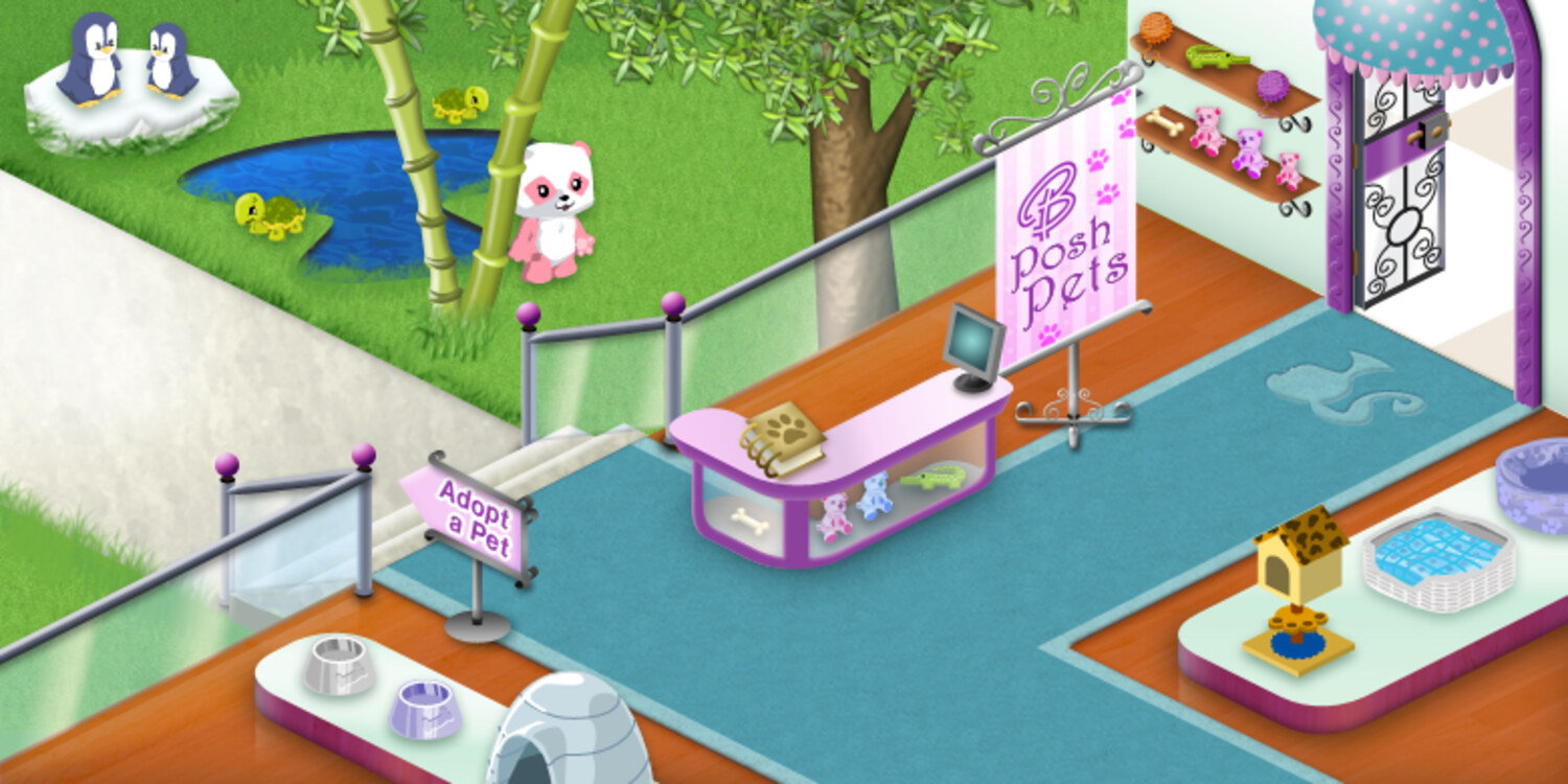 BarbieGirls.com Posh Pets shop — an in-world pet store with adoptable animals, shop counter, and a 'Adopt a Pet' sign