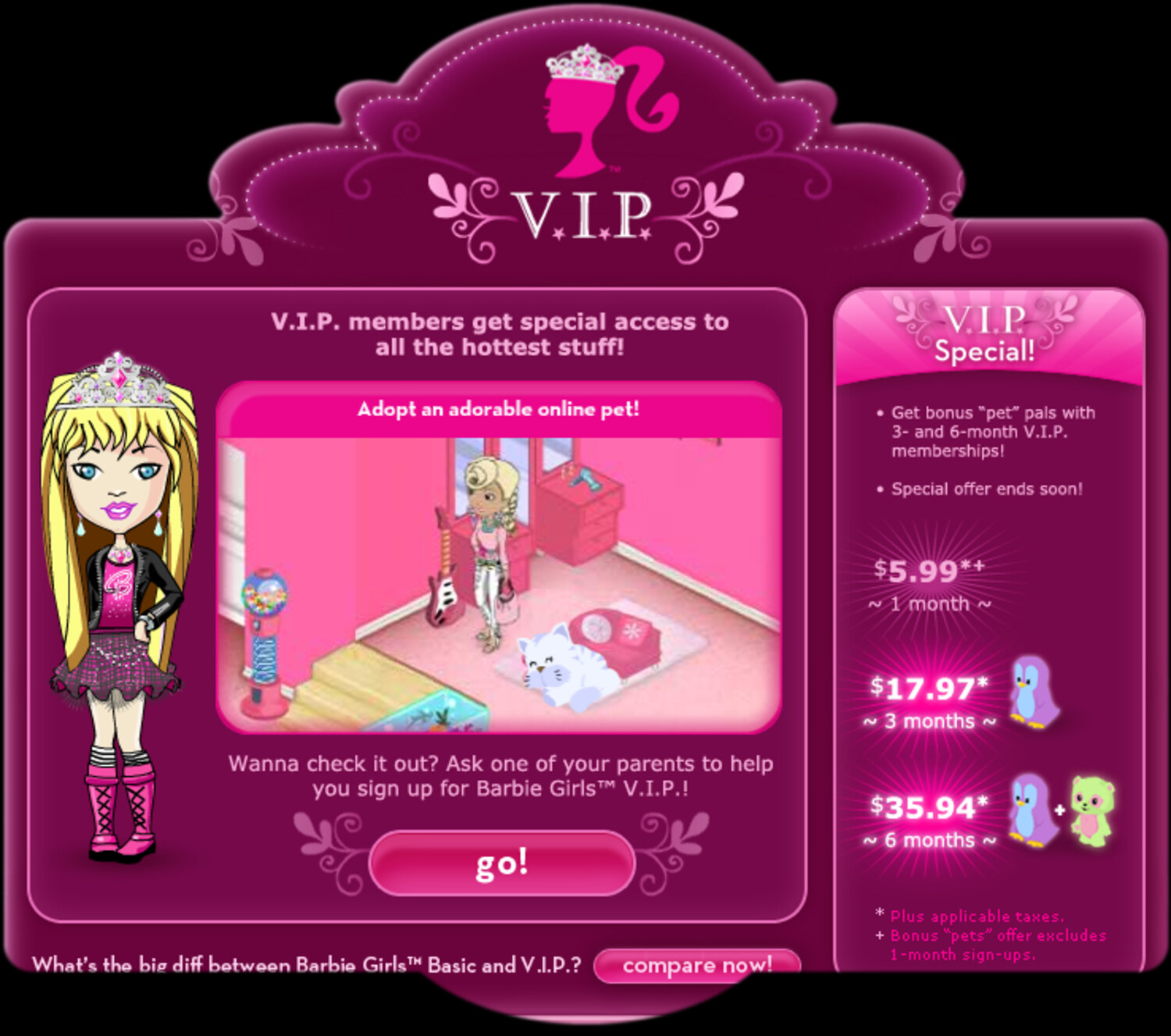BarbieGirls V.I.P. membership page — pricing tiers (1, 3, and 6 months) with bonus pets, special access messaging, and the V.I.P. crown lockup