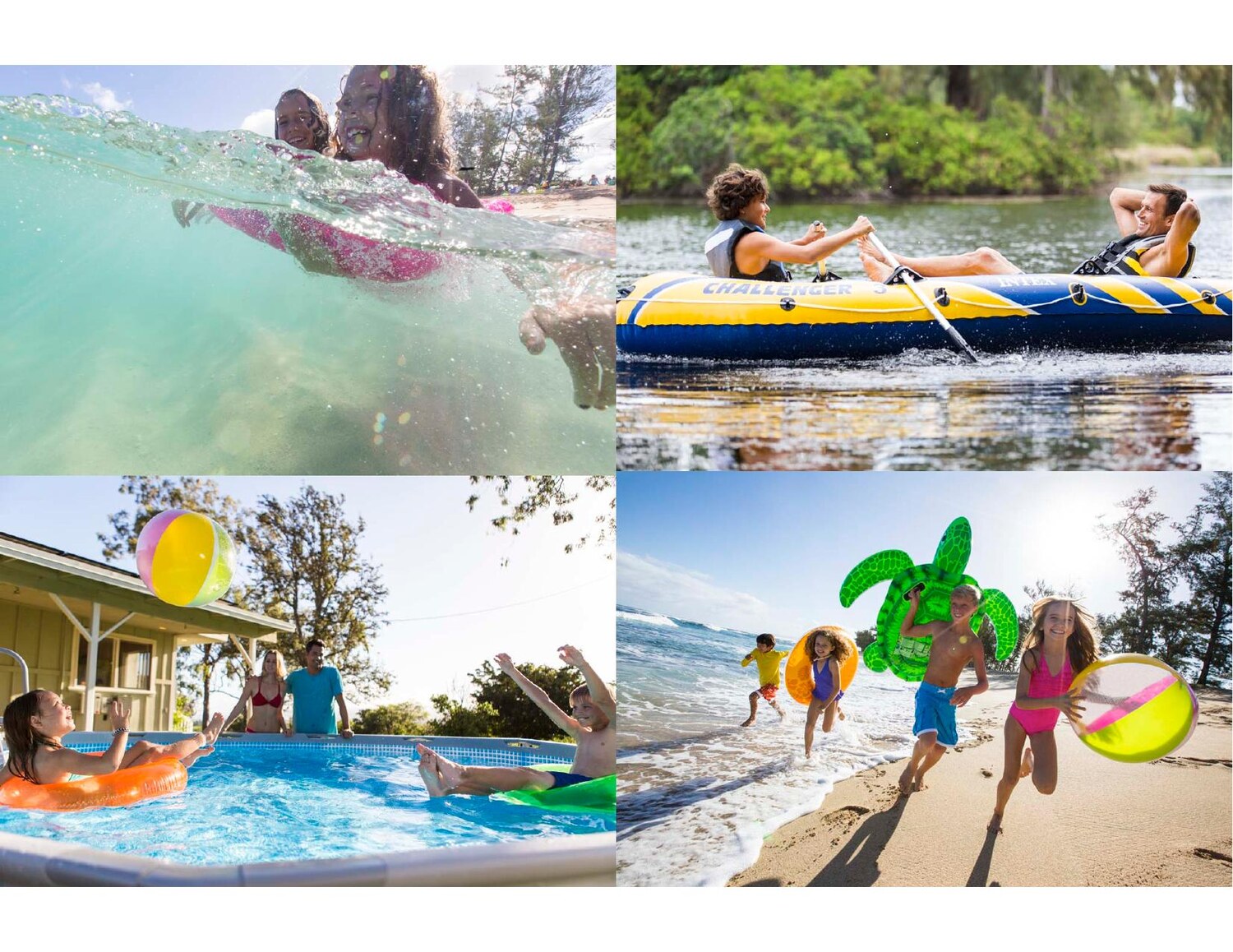 Intex Hawaii photoshoot — a four-panel grid: girls swimming underwater, a Challenger kayak on a lake, kids playing pool volleyball, and children running on the beach with a green turtle float and beach ball