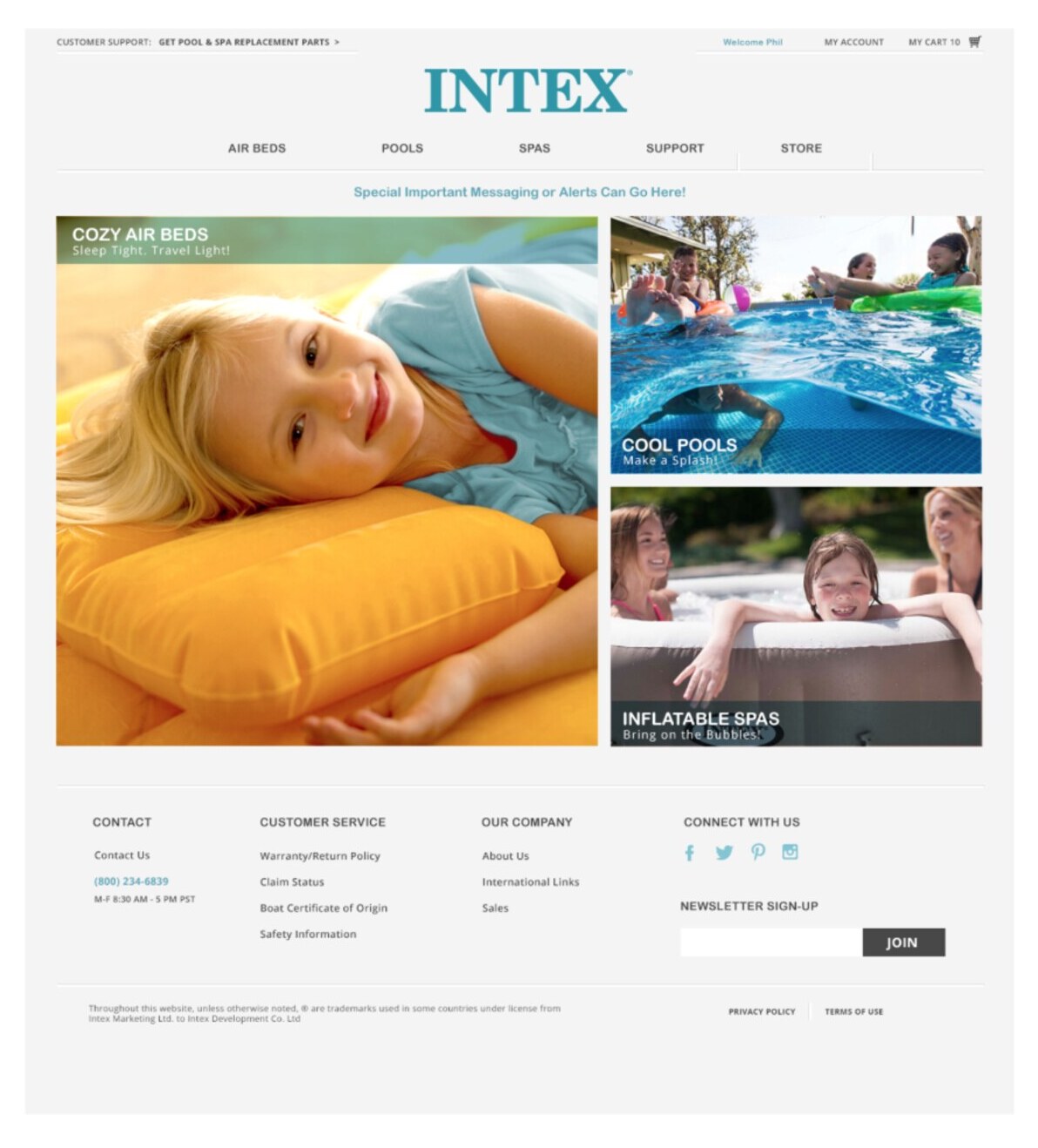 Intex.com redesigned homepage — the new visual language live on the website with Cool Air Beds, Cool Pools, and Inflatable Sets modules