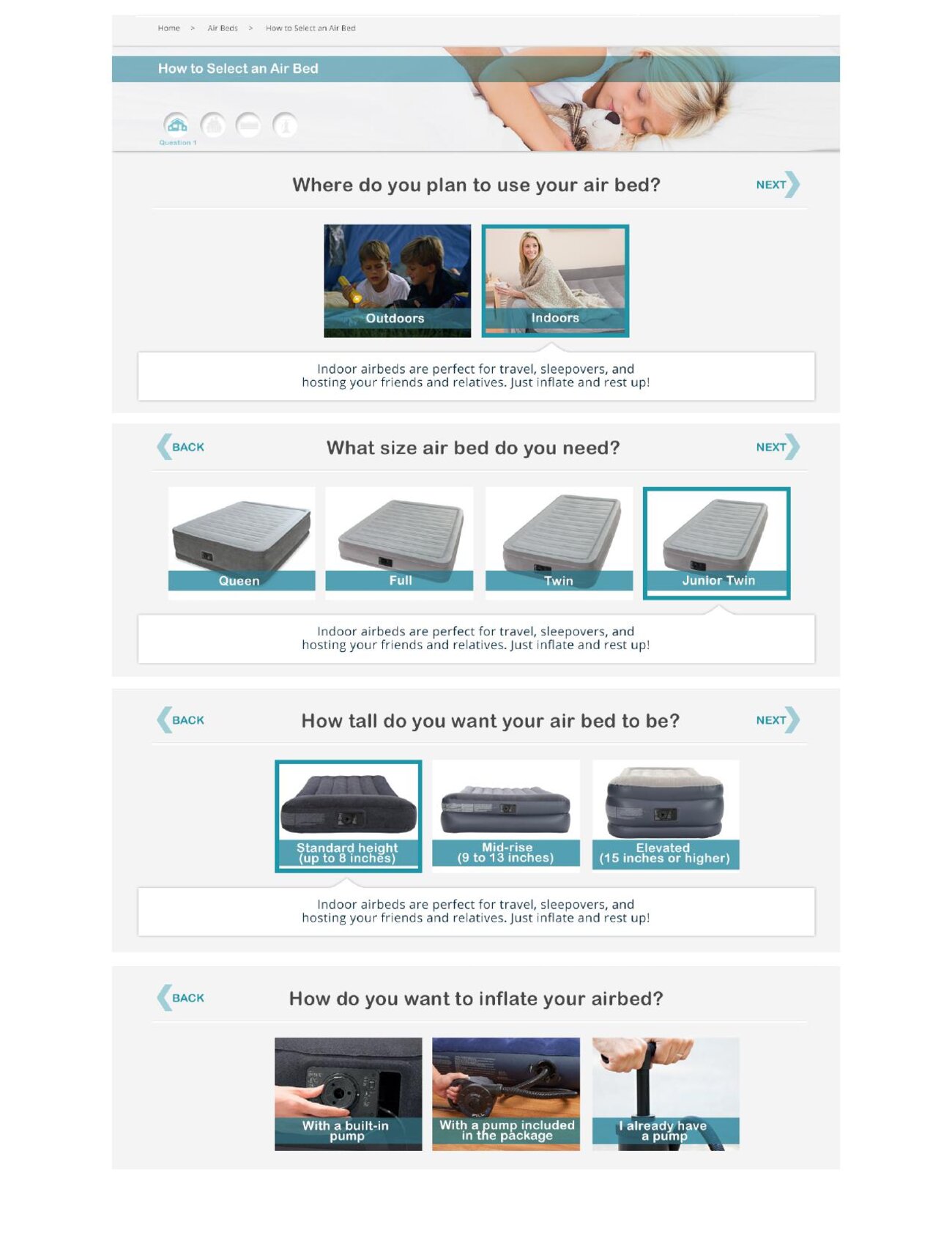 Intex 'How to Select an Air Bed' guided quiz — a four-step flow asking where the air bed will be used, what size, how tall, and how to inflate it, with visual answer cards at each step