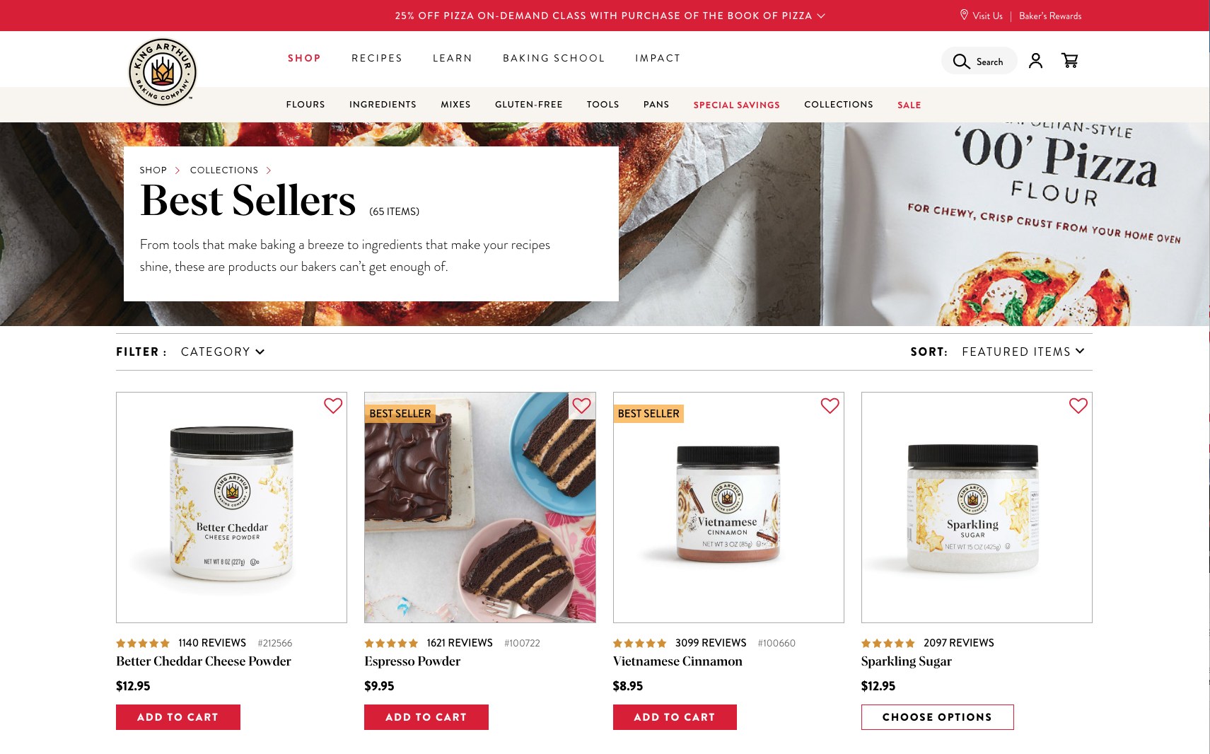 King Arthur Baking Best Sellers page — product cards using a hover state to reveal the baked goods made with each product, instead of just showing the package