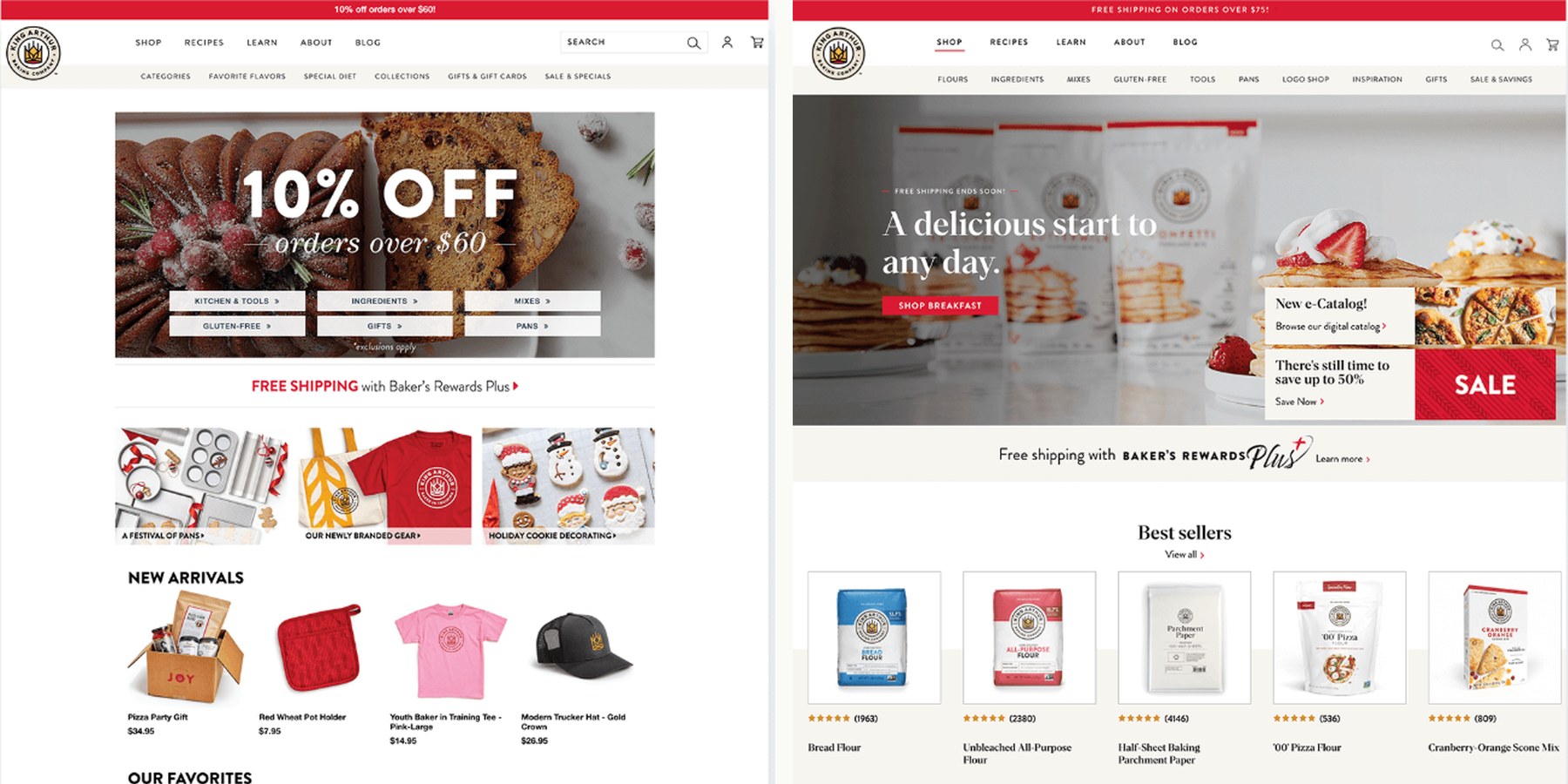 King Arthur Baking before and after — the legacy site led with red 10% off promotions and dense product grids; the redesigned site leads with 'A delicious start to any day' and clean editorial photography of baked goods