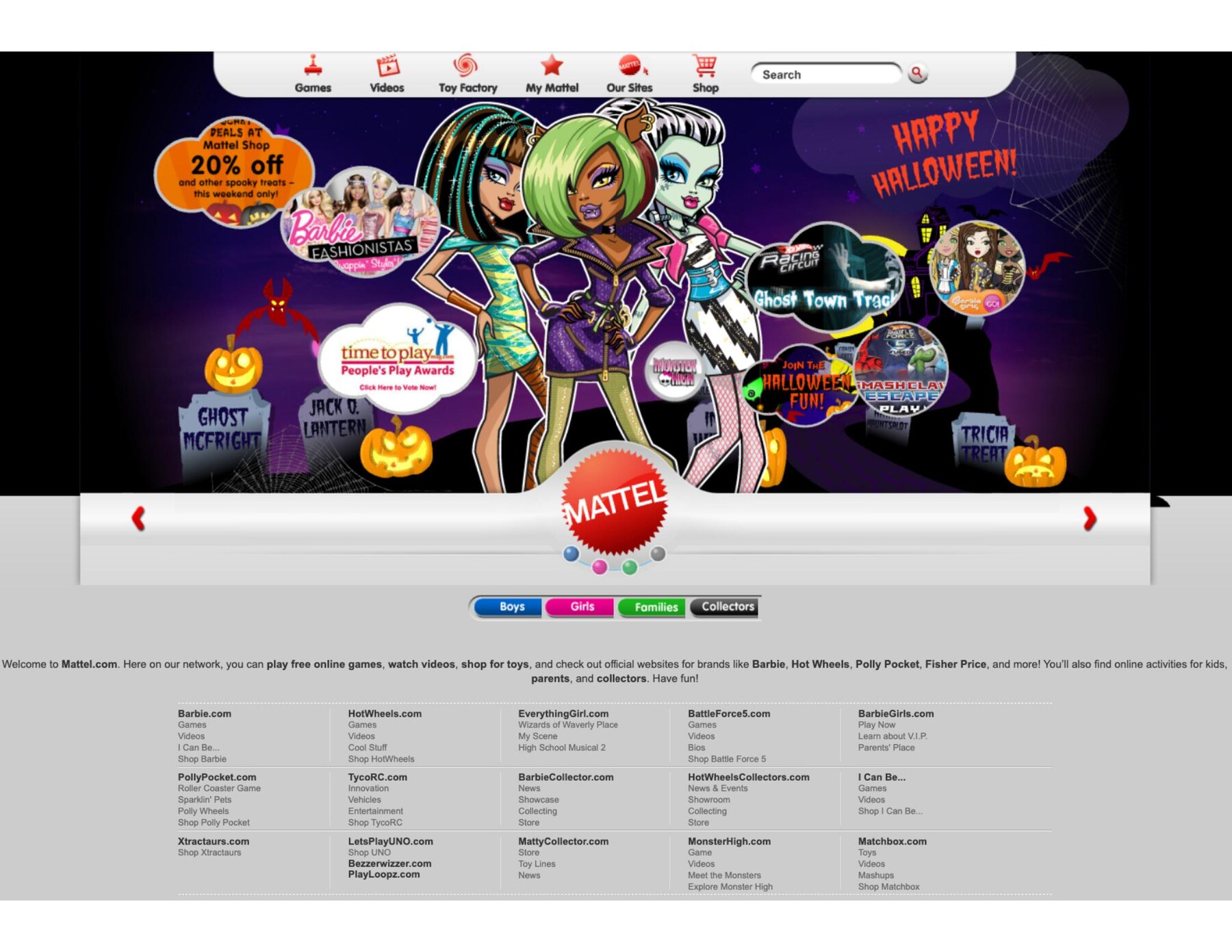 Mattel.com 2010 homepage — the unified brand house front door with a Halloween hero featuring Monster High, Barbie Fashionistas, and Hot Wheels, audience tabs for Boys, Girls, Families, and Collectors, and the network of IP destinations including Barbie.com, HotWheels.com, EverythingGirl.com, PollyPocket.com, BarbieGirls.com, and more