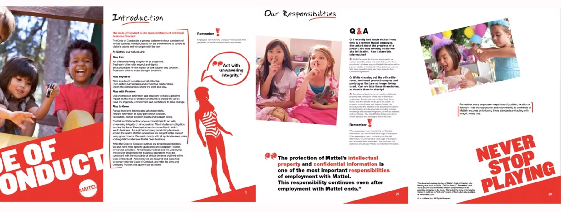 Mattel internal branding — pages from the Code of Conduct brochure with Annalisa's photoshoot featured: kids at play on a wooden play structure, girls sharing a secret, and a girl reading. 'Never Stop Playing' tagline on the closing page
