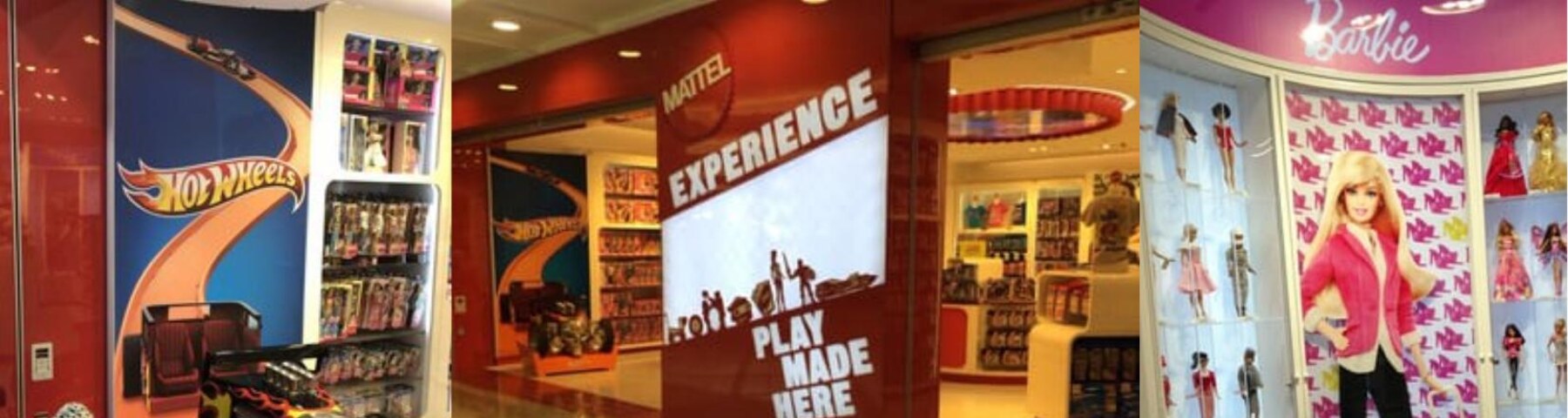 Mattel retail experience at LAX — Hot Wheels display, the Mattel 'Experience Play Made Here' storefront, and the Barbie boutique