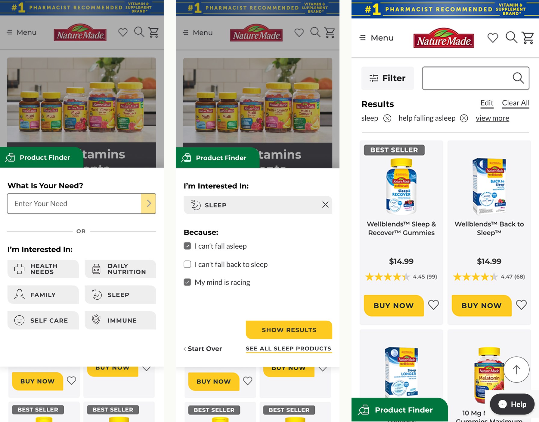 Nature Made Product Finder — three mobile screens showing the symptom selection flow, the question-based filtering, and the curated results with redesigned product cards