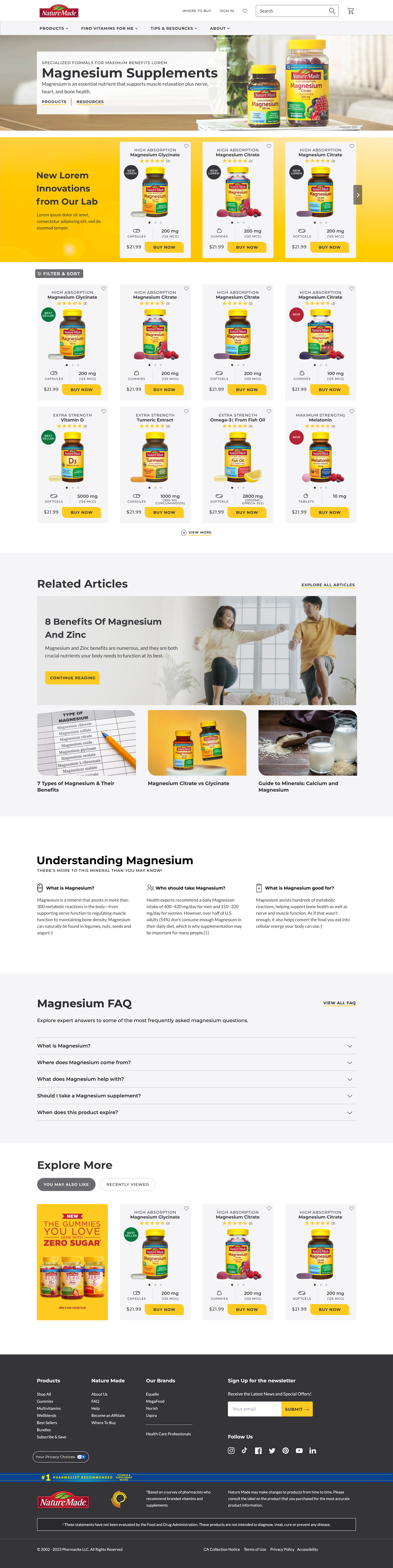 Nature Made Magnesium Supplements Category Landing Page — Specialized formulas for maximum benefits hero, New Innovations from Our Lab module, full product grid with filter & sort, related articles, Understanding Magnesium FAQ, and Explore More cross-sells