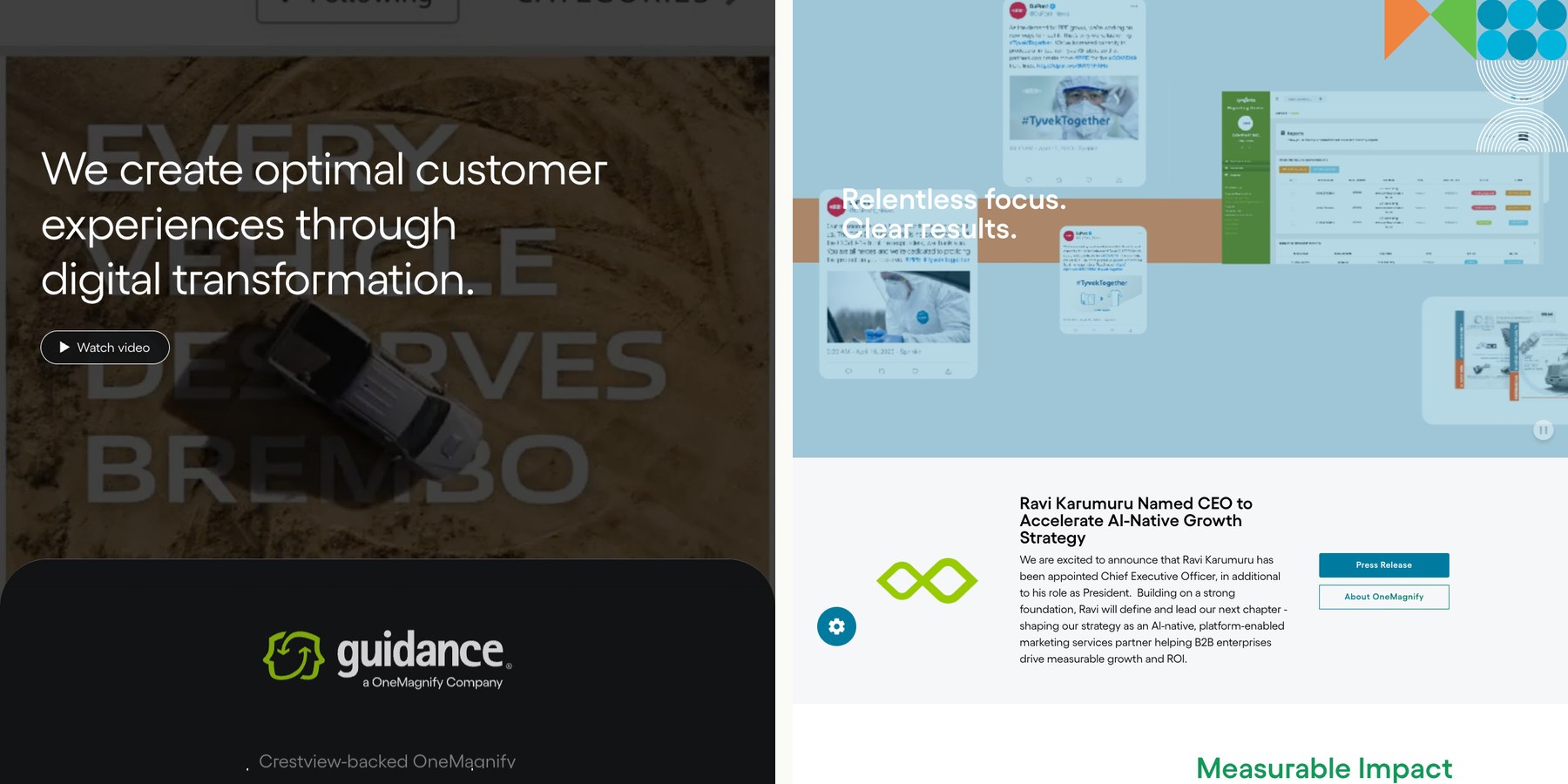 OneMagnify before-and-after — from dark and dated to a light, engaging brand experience